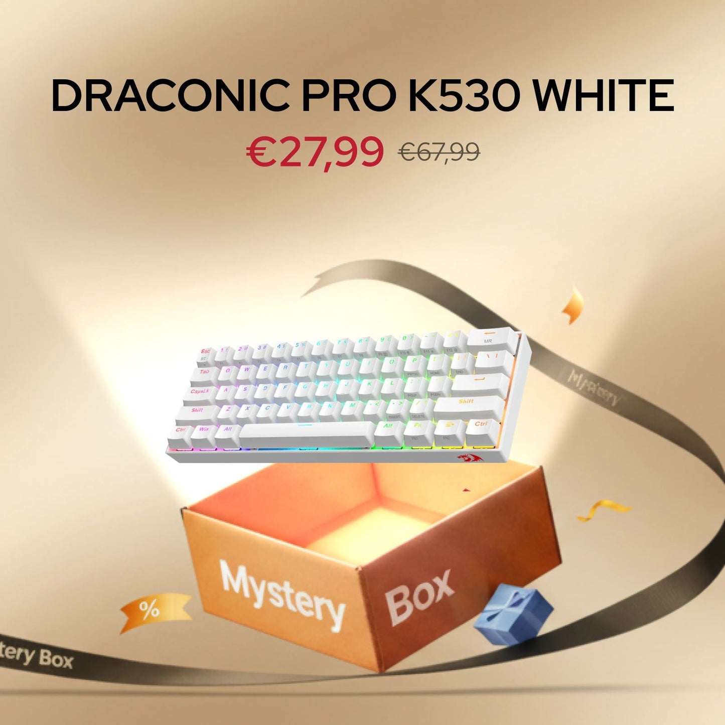  Draconic Pro K530 White keyboard with an open mystery box on a beige background