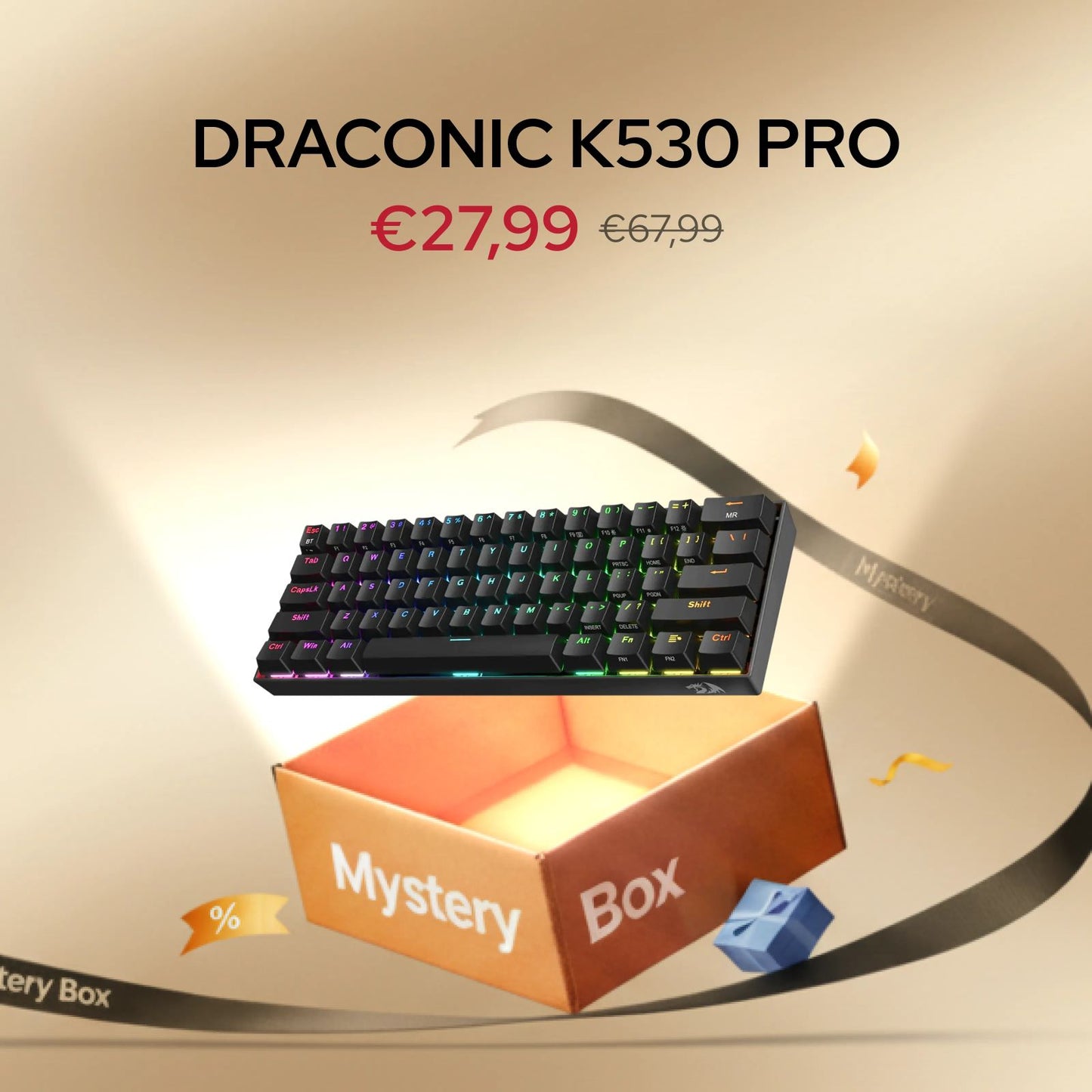  Draconic K530 Pro keyboard with a 'Mystery Box' on a beige background
