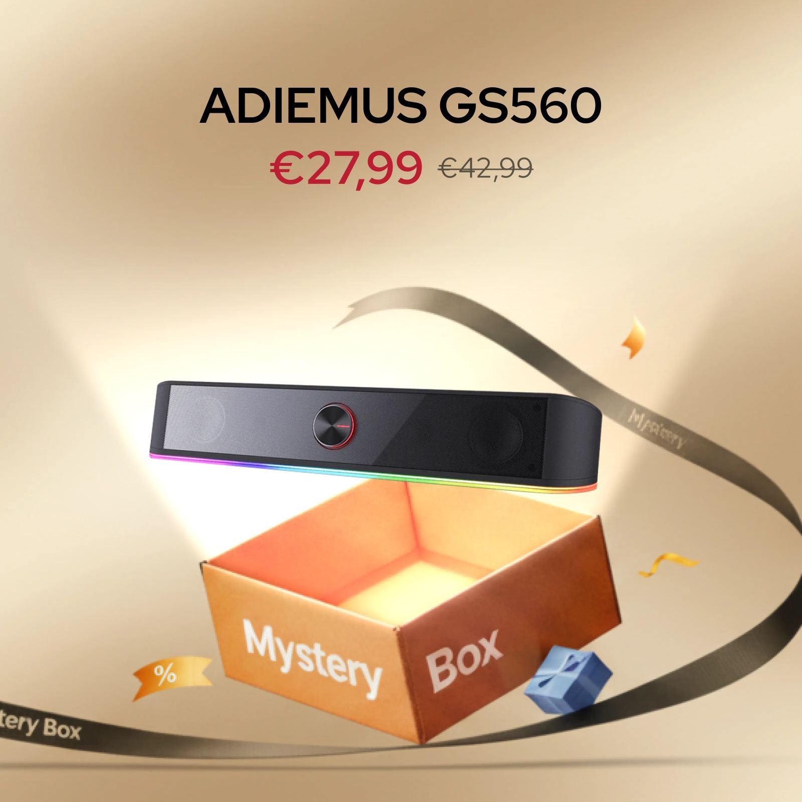 ADIEMUS GS560 product with a 'Mystery Box' design on a beige background