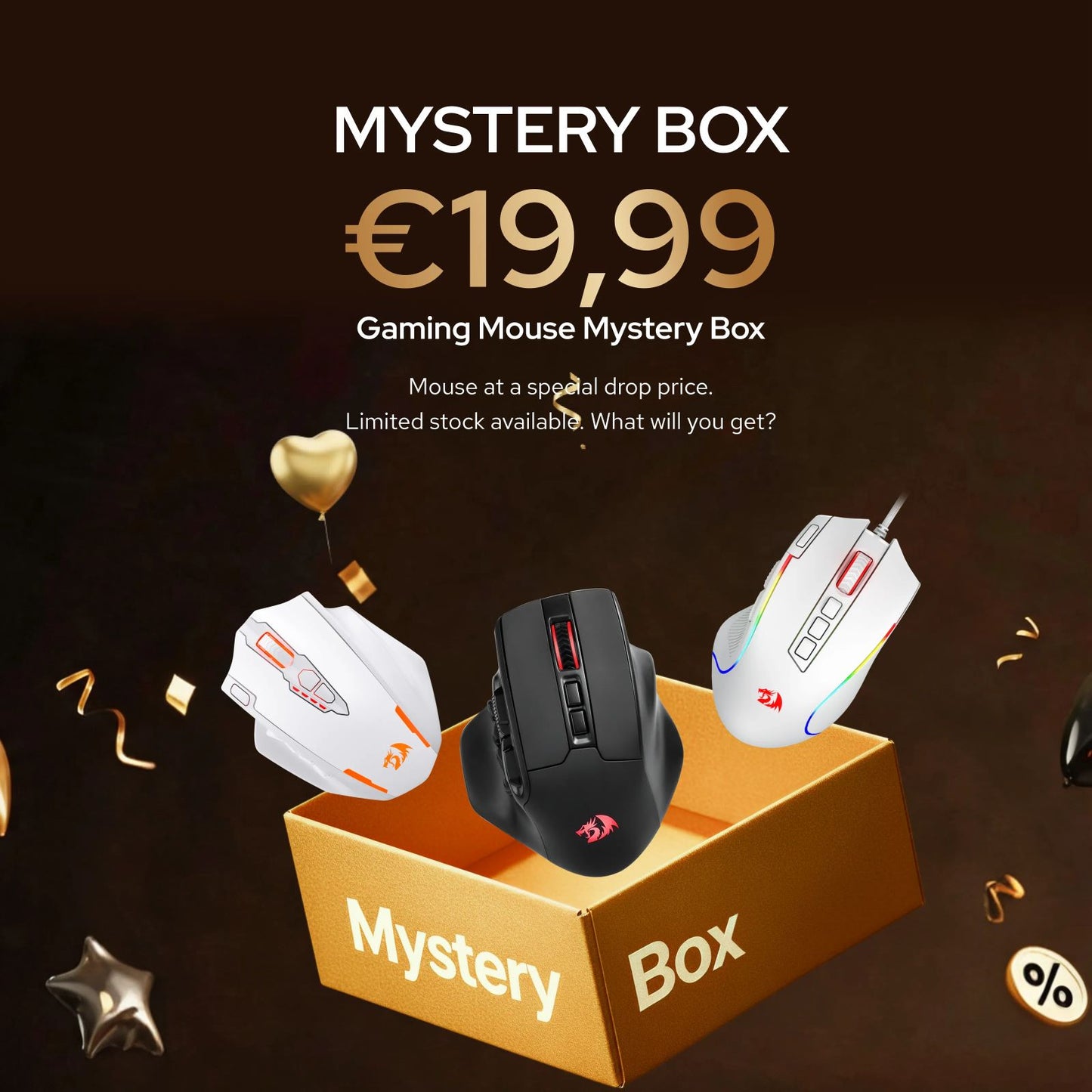 Gaming mouse mystery box with three mice on a dark background