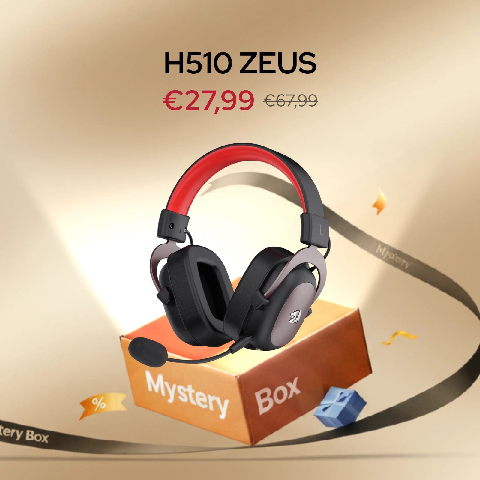 Gaming headset on a 'Mystery Box' with H510 ZEUS branding and pricing.
