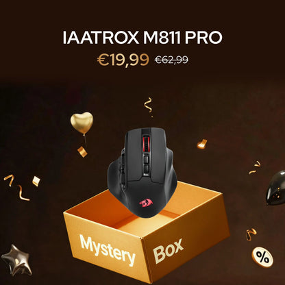 IAATROX M811 PRO gaming mouse on a 'Mystery Box' with pricing information.