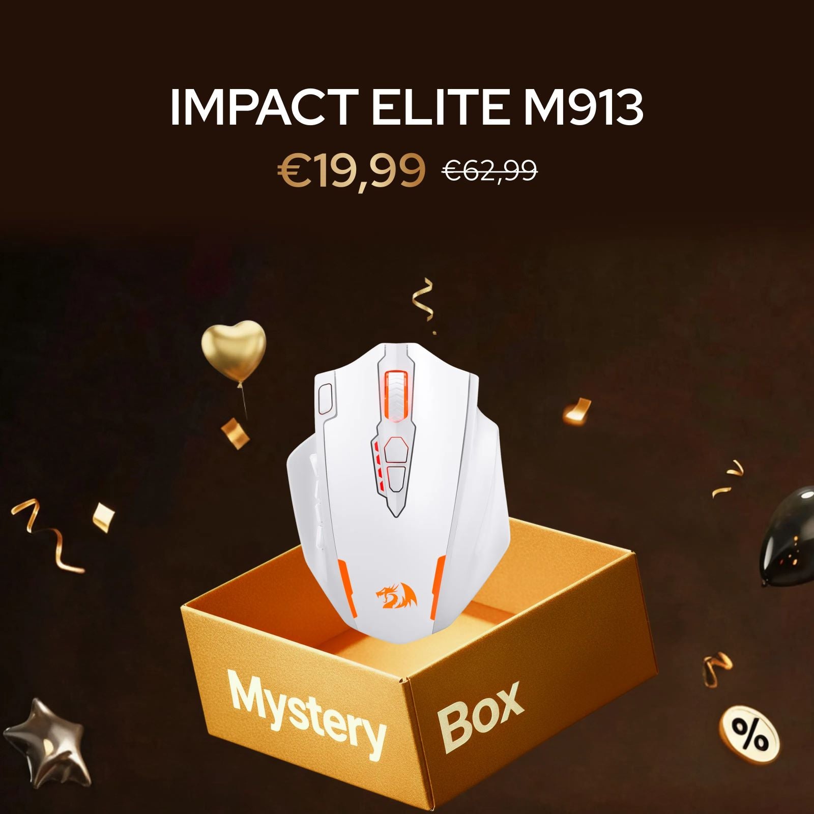 White gaming mouse with orange accents on a 'Mystery Box' against a dark background with product pricing.