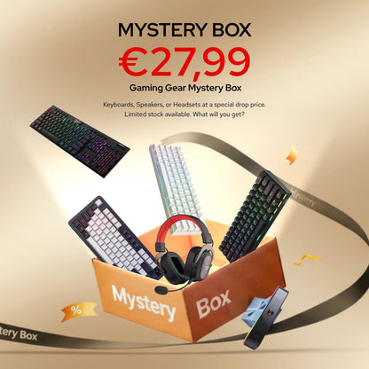 Gaming gear mystery box with keyboards, speakers, and headphones on a beige background.