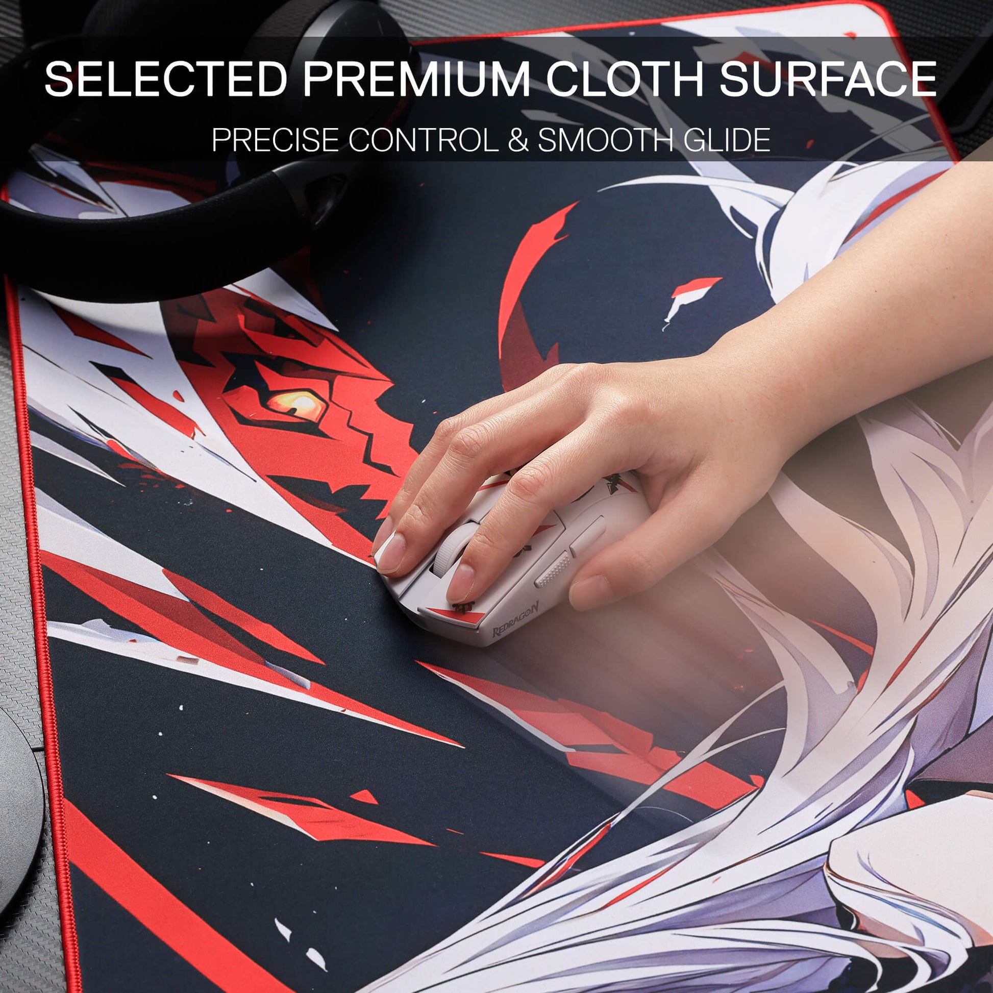 Redragon EU EISA P047 Anime Black Gaming Mouse Pad - Smooth Lycra Surface, Anti-Slip Rubber Base, Spill-Resistant, Durable 3mm Thick Design, Available in Small (13x10 in) & Large (35x16 in), Computer Mouse Mat, Extended Desk Pad,  Perfect for Gaming & Work, Pairs with EISA K1NG M916 PRO Mouse 