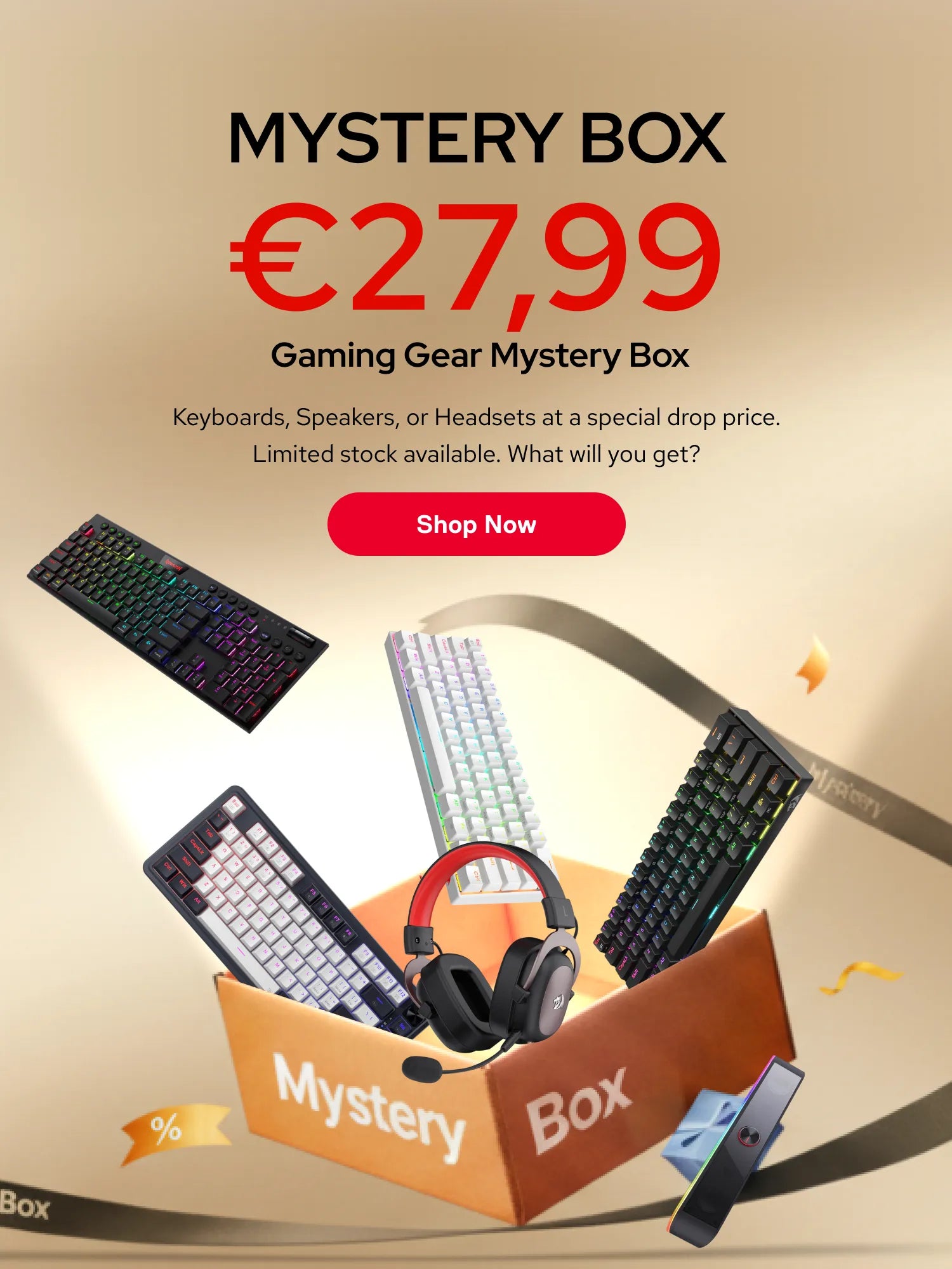 Gaming gear mystery box promotion with keyboards, speakers, and headphones on a beige background.