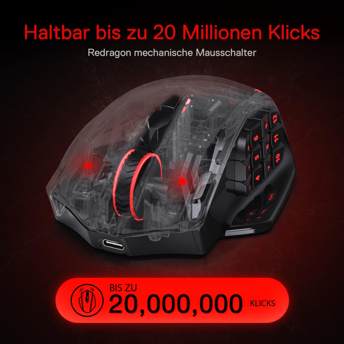 Redragon EU, Gaming mouse with a mechanical switch display on a dark background