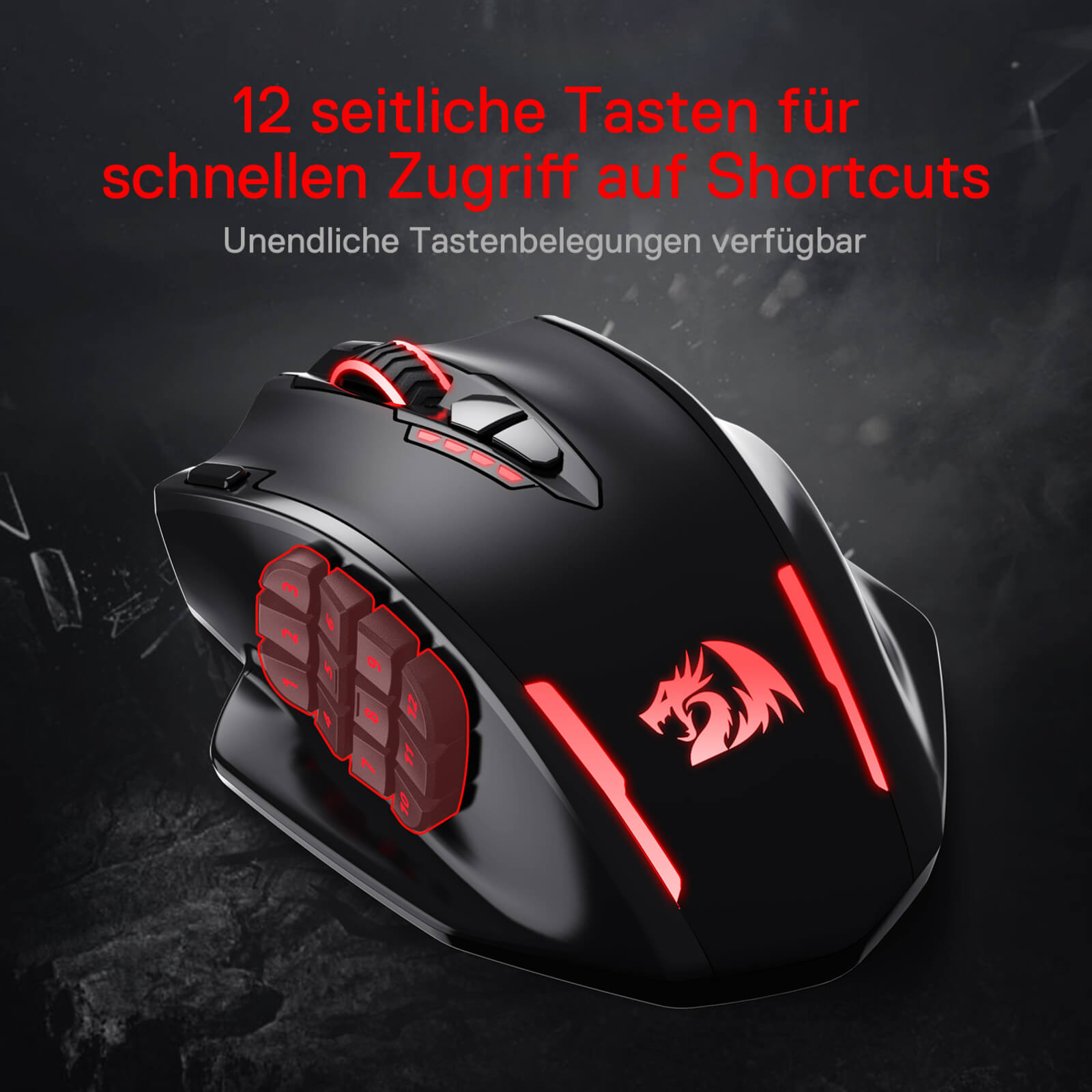 Redragon EU, Gaming mouse with red accents and a dragon logo on a dark background