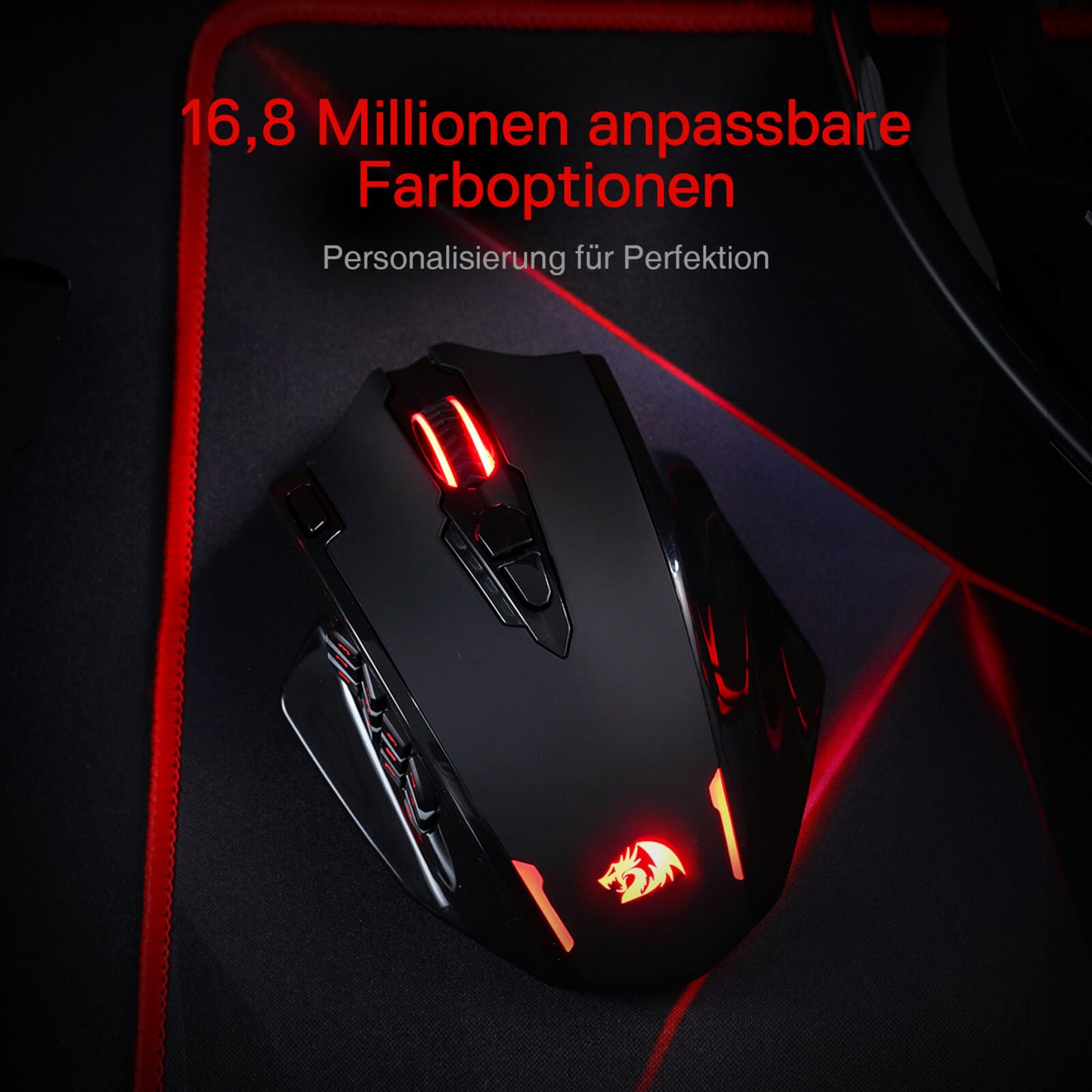 Redragon EU, Gaming mouse with customisable RGB lighting on a dark surface