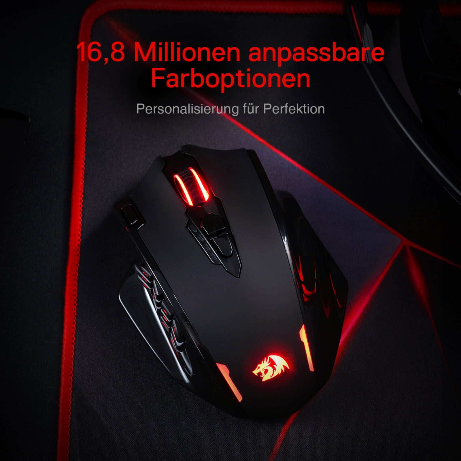 Redragon EU, Gaming mouse with customisable RGB lighting on a dark surface