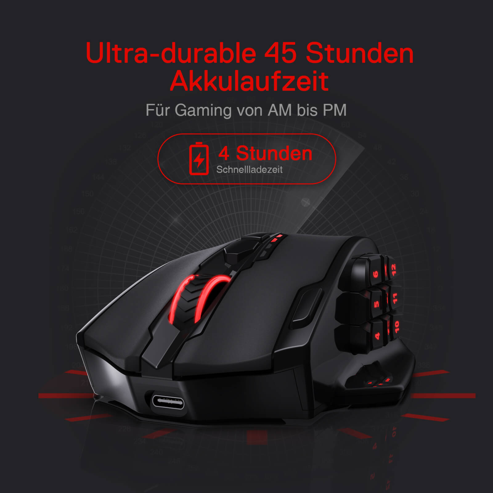 Redragon EU, A gaming mouse with red accents on a dark background, highlighting the battery life and gaming features.