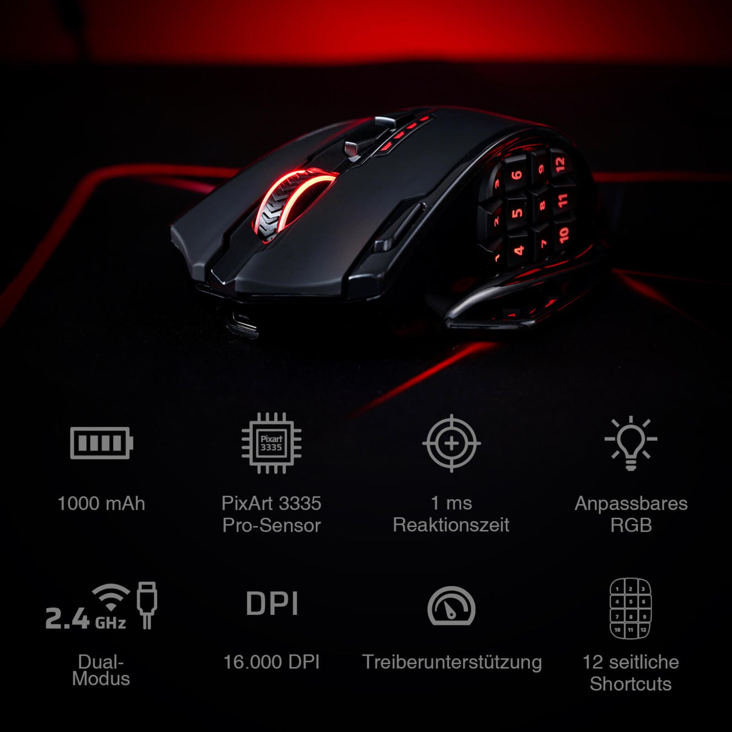 Redragon EU, Gaming mouse with RGB lighting on a dark background