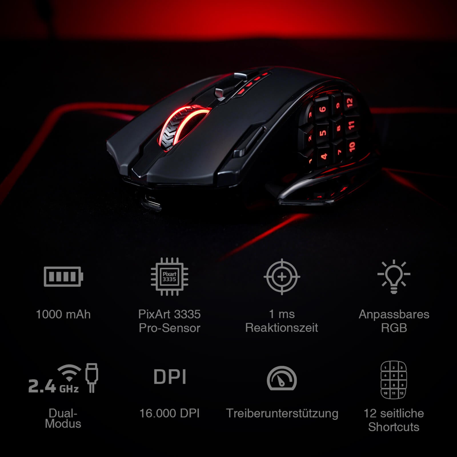 Redragon EU, Gaming mouse with RGB lighting on a dark background