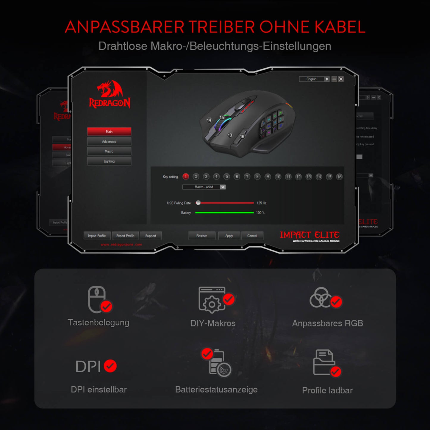 Redragon EU, Gaming mouse with software interface on a dark background