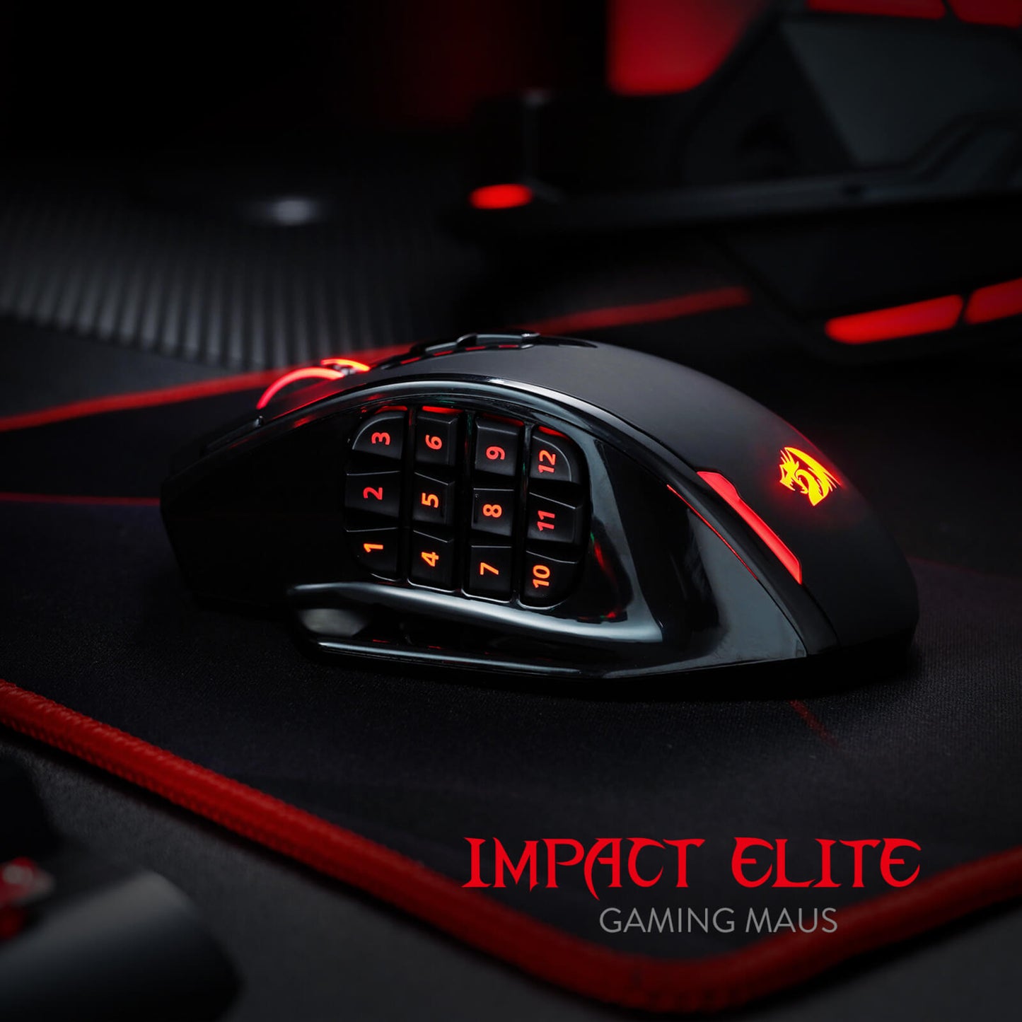 Redragon EU, Gaming mouse with red accents on a dark background, featuring the ‘Impact Elite’ logo.