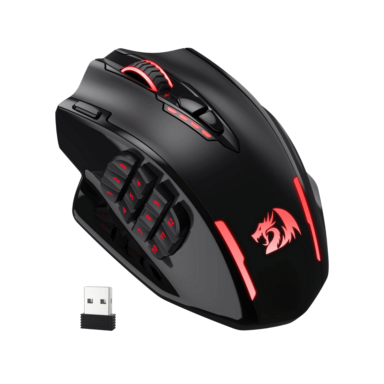 Redragon EU Black gaming mouse with red accents and a USB receiver on a black background | show