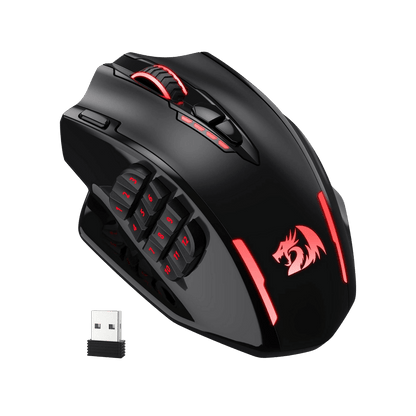 Redragon EU Black gaming mouse with red accents and a USB receiver on a black background | show