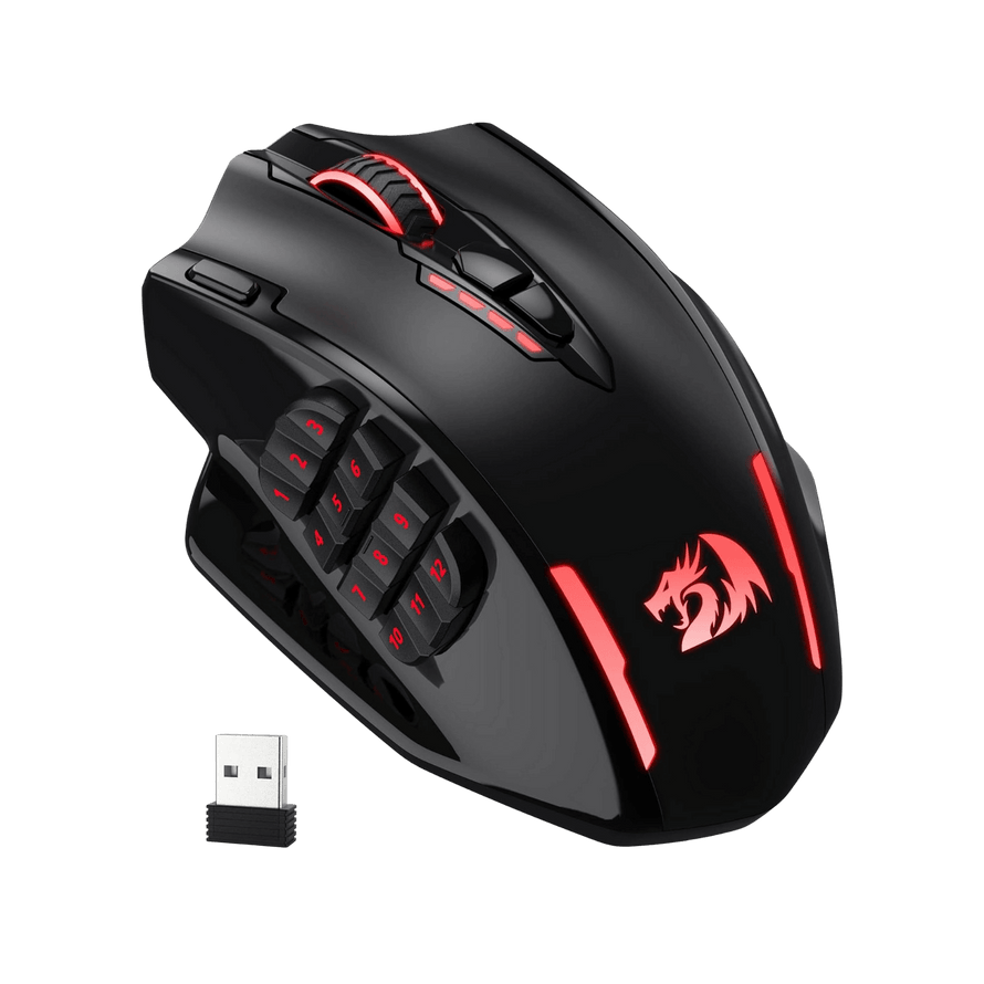 Redragon EU Black gaming mouse with red accents and a USB receiver on a black background | show