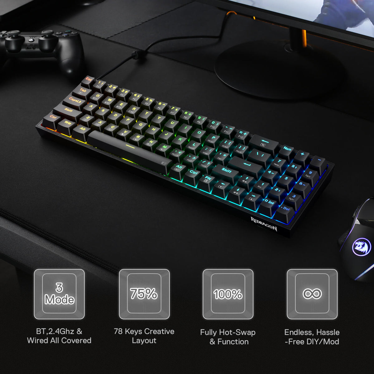 Redragon EU K628 75% Mechanical Gaming Keyboard and M693 Tri-Modes Gaming Mouse Combo. The keyboard features a compact 75% layout with RGB backlighting and high-performance mechanical switches