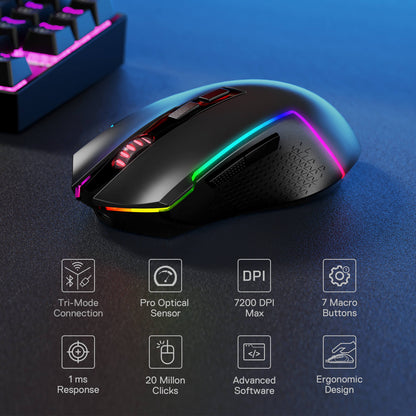 Redragon EU K628 75% Mechanical Gaming Keyboard and M693 Tri-Modes Gaming Mouse Combo. The keyboard features a compact 75% layout with RGB backlighting and high-performance mechanical switches. The mouse supports three connectivity modes: wired, 2.4GHz wireless, and Bluetooth,  and 7200 DPI with 7 Macro Buttons offering flexible gaming experiences. The combo is designed for high-precision gaming and enhanced user control.