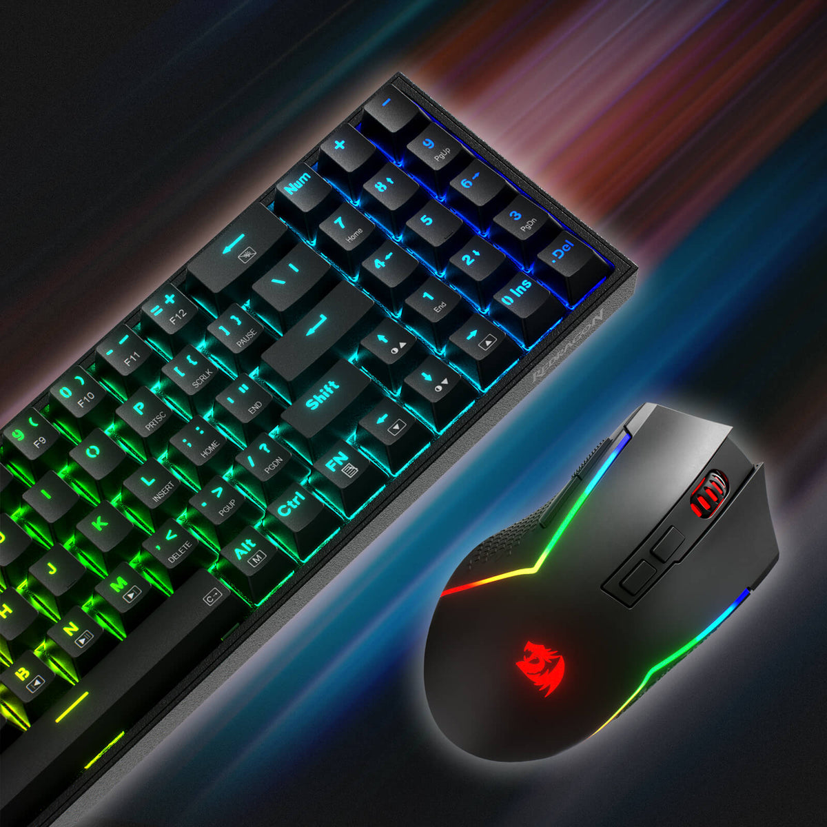 Redragon EU K628 75% Mechanical Gaming Keyboard and M693 Tri-Modes Gaming Mouse Combo. The keyboard features a compact 75% layout with RGB backlighting and high-performance mechanical switches. The mouse supports three connectivity modes: wired, 2.4GHz wireless, and Bluetooth,  and 7200 DPI with 7 Macro Buttons offering flexible gaming experiences. The combo is designed for high-precision gaming and enhanced user control.