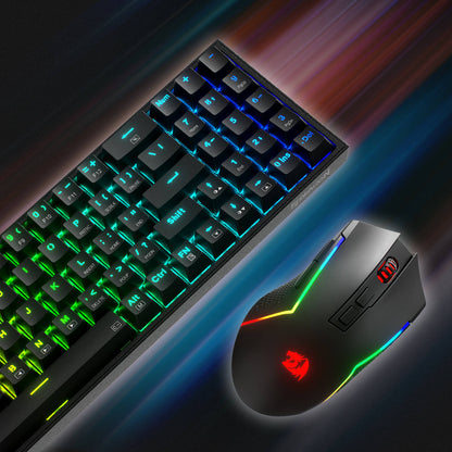 Redragon EU K628 75% Mechanical Gaming Keyboard and M693 Tri-Modes Gaming Mouse Combo. The keyboard features a compact 75% layout with RGB backlighting and high-performance mechanical switches. The mouse supports three connectivity modes: wired, 2.4GHz wireless, and Bluetooth,  and 7200 DPI with 7 Macro Buttons offering flexible gaming experiences. The combo is designed for high-precision gaming and enhanced user control.