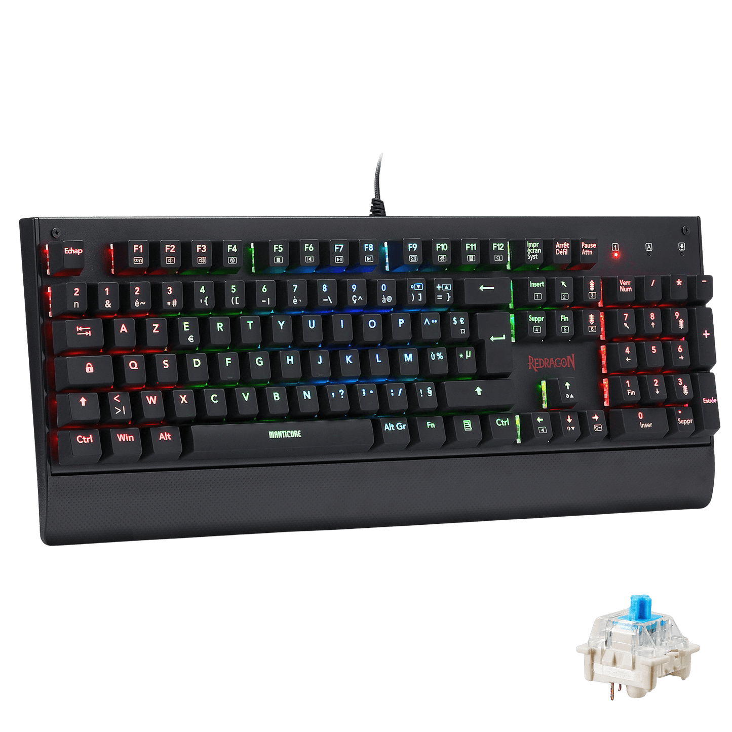 The Redragon Manticore mechanical keyboard is shown with its multi-coloured RGB lighting, a built-in wrist rest and a detachable blue switch, demonstrating its modular design.