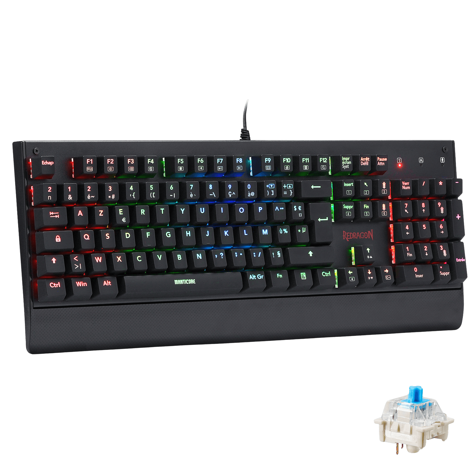 The Redragon Manticore mechanical keyboard is shown with its multi-coloured RGB lighting, a built-in wrist rest and a detachable blue switch, demonstrating its modular design.