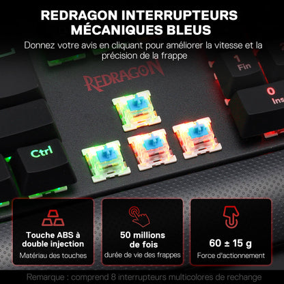 The Redragon blue mechanical switches are presented, along with their key specifications: dual-shot ABS keys, a lifespan of 50 million keystrokes and an actuation force of 60 ± 15 g.