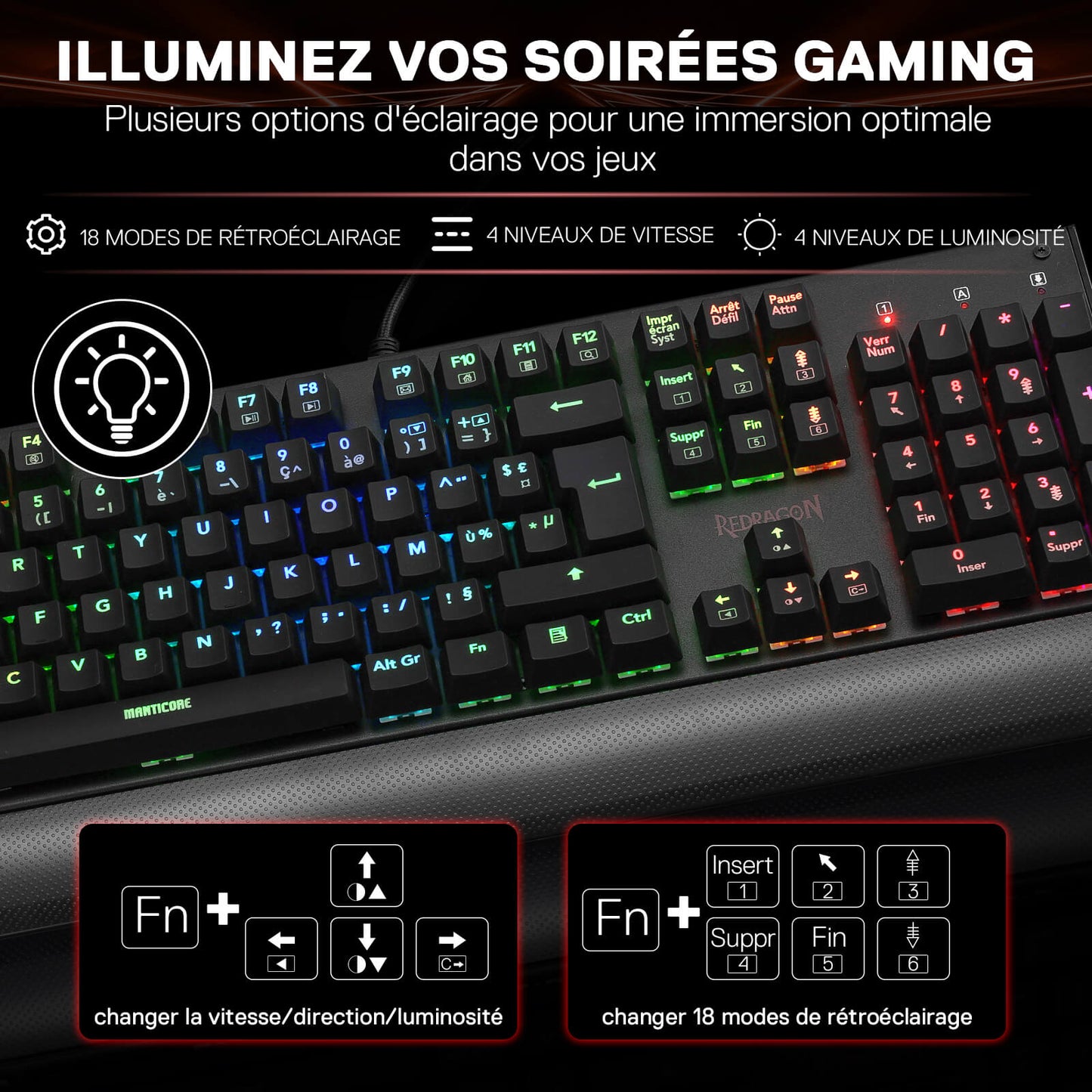 The keyboard’s RGB lighting takes centre stage, featuring 18 backlight modes, 4 speed and brightness levels, as well as keyboard shortcuts for adjusting the settings.