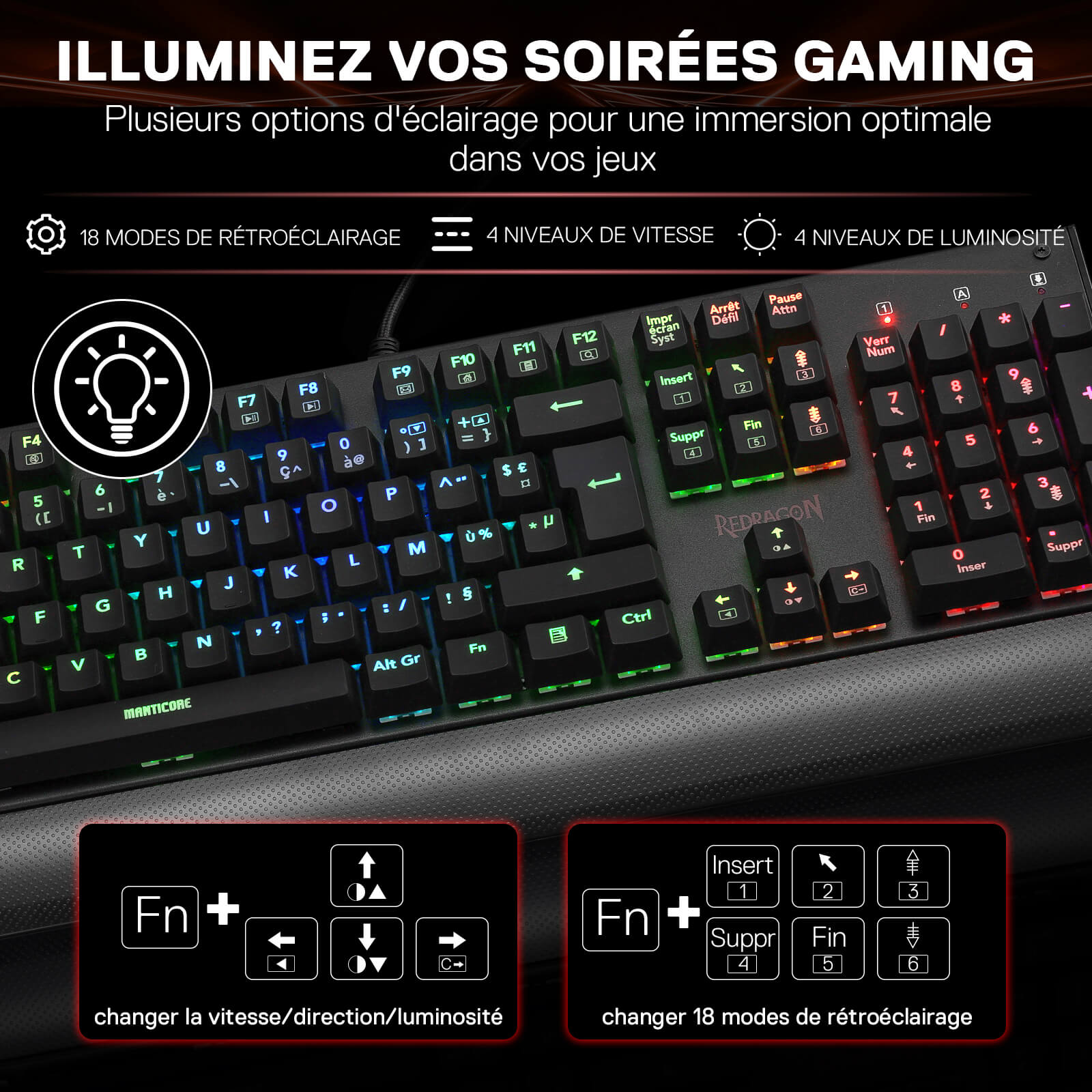 The keyboard’s RGB lighting takes centre stage, featuring 18 backlight modes, 4 speed and brightness levels, as well as keyboard shortcuts for adjusting the settings.