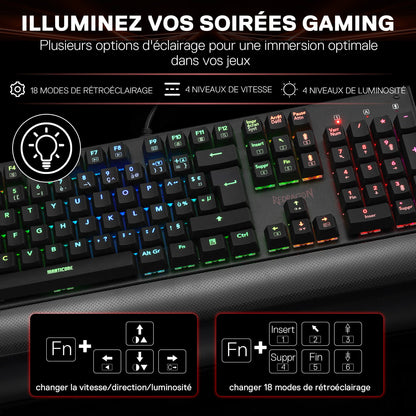 The keyboard’s RGB lighting takes centre stage, featuring 18 backlight modes, 4 speed and brightness levels, as well as keyboard shortcuts for adjusting the settings.