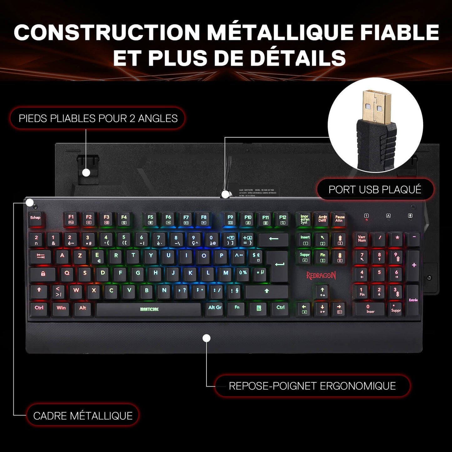 The keyboard’s robust metal construction is highlighted by a metal frame, an ergonomic wrist rest, foldable feet and a gold-plated USB port.