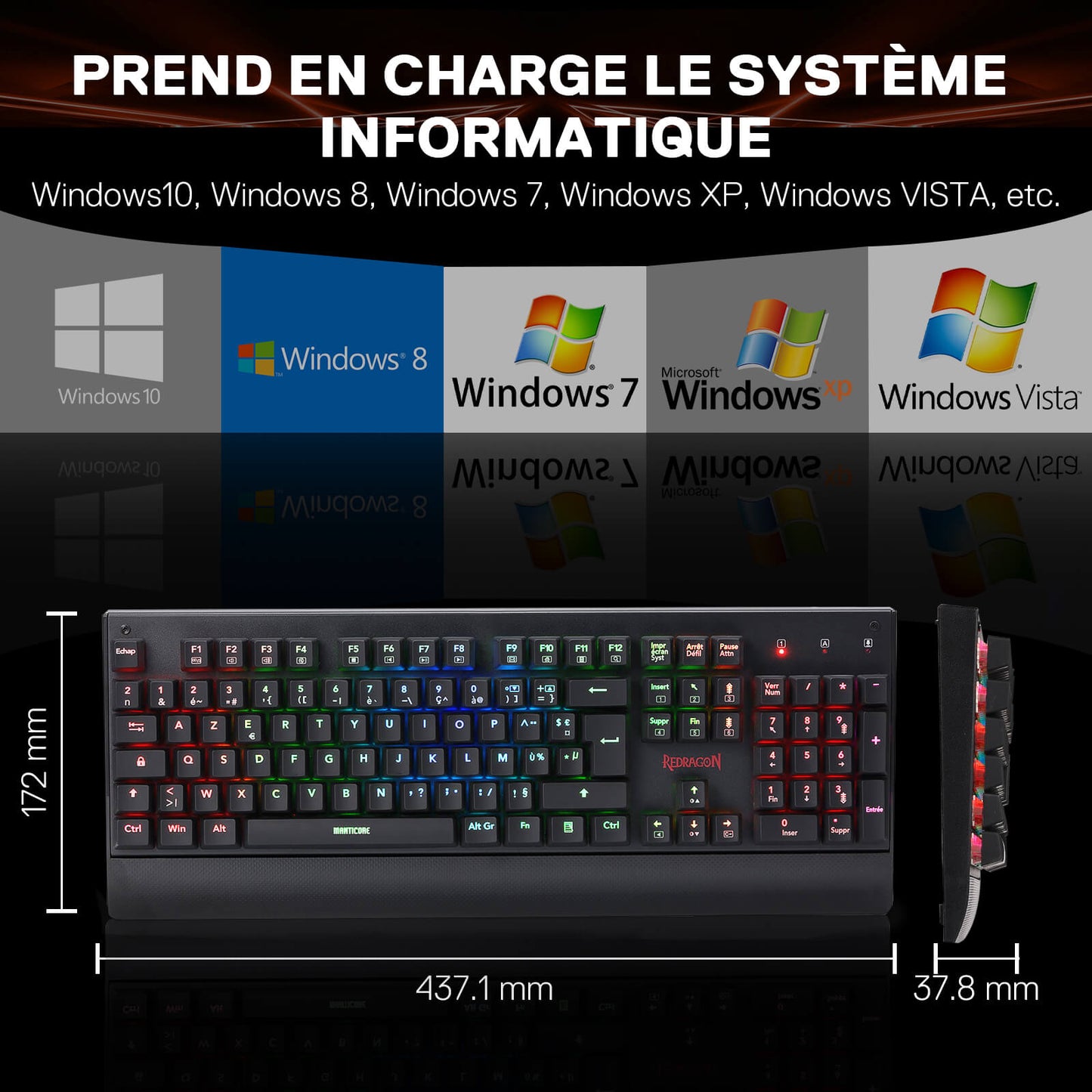 The keyboard is compatible with Windows 10, 8, 7, XP and Vista, and its dimensions (437.1 x 172 x 37.8 mm) are clearly stated.
