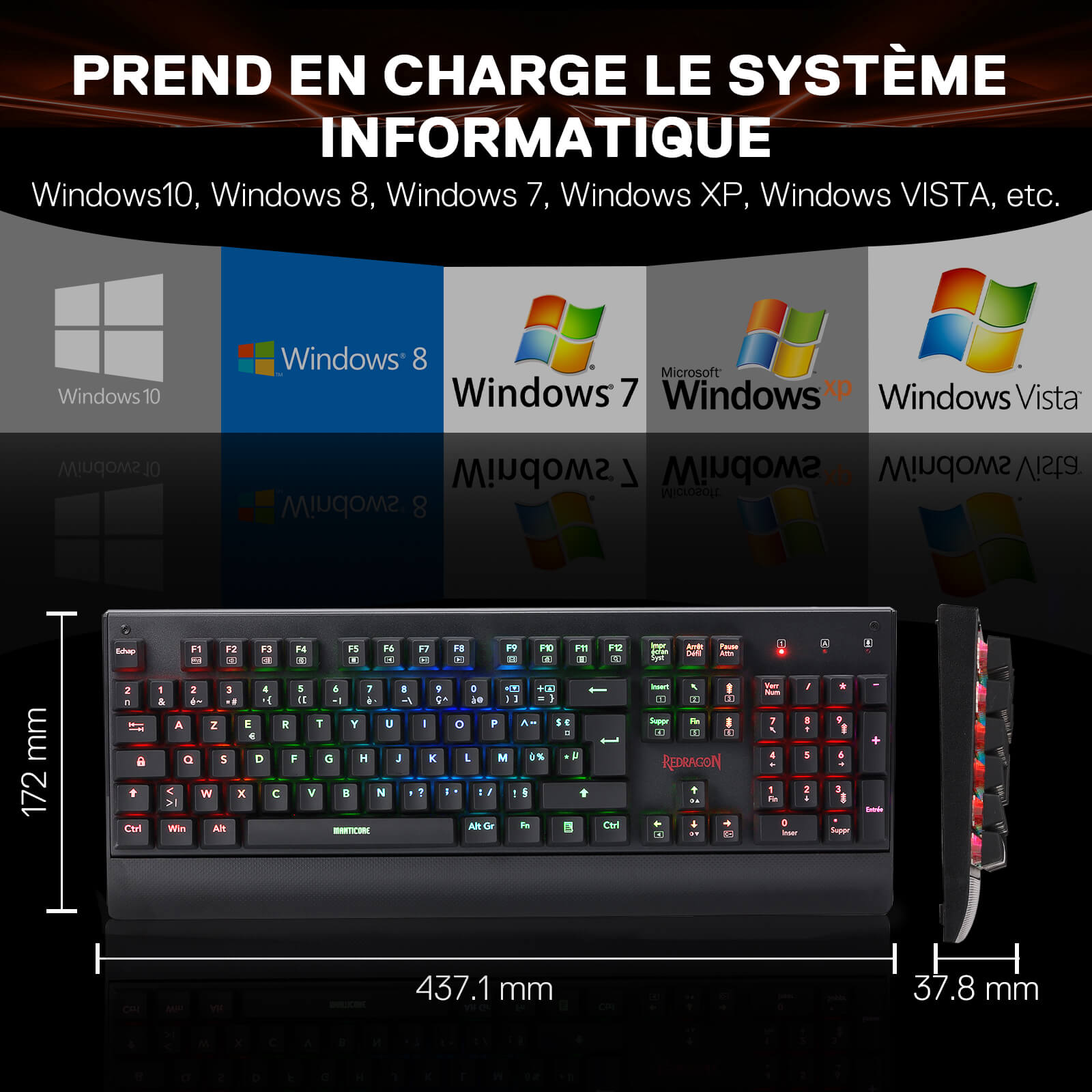 The keyboard is compatible with Windows 10, 8, 7, XP and Vista, and its dimensions (437.1 x 172 x 37.8 mm) are clearly stated.