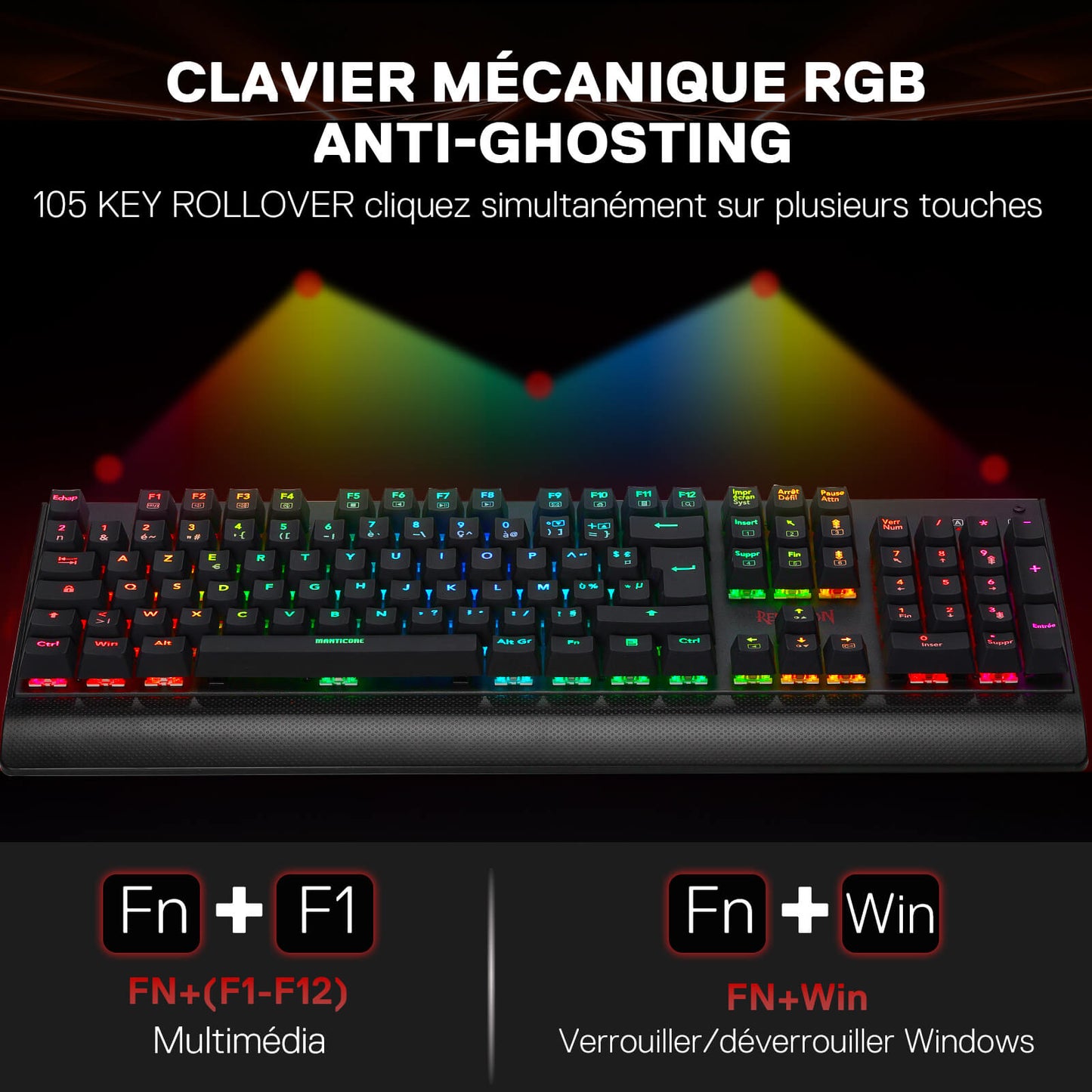 The anti-ghosting RGB mechanical keyboard features 105-key rollover, with multimedia shortcuts (Fn+F1–F12) and a Windows key lock function (Fn+Win).