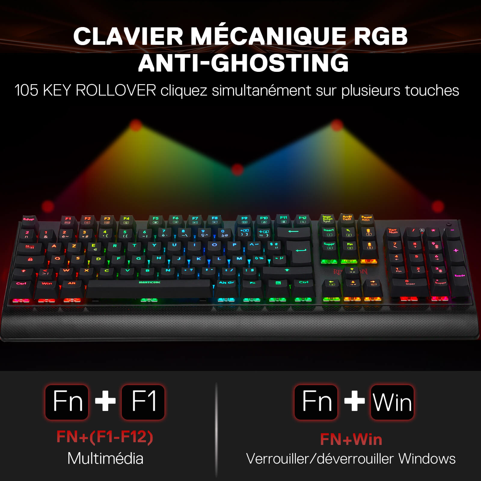 The anti-ghosting RGB mechanical keyboard features 105-key rollover, with multimedia shortcuts (Fn+F1–F12) and a Windows key lock function (Fn+Win).