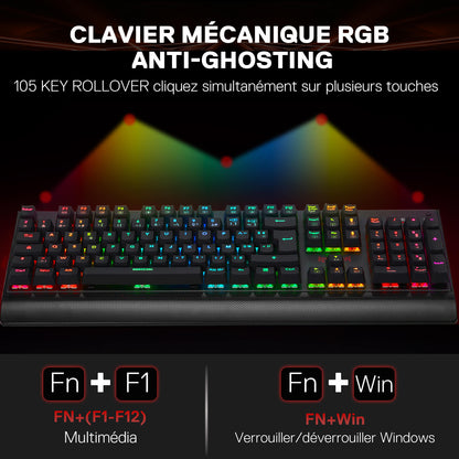 The anti-ghosting RGB mechanical keyboard features 105-key rollover, with multimedia shortcuts (Fn+F1–F12) and a Windows key lock function (Fn+Win).