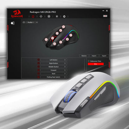 Redragon EU M612 PRO RGB Gaming Mouse, 8000 DPI Wired/Wireless Optical Gamer Mouse with 7 Programmable Buttons & 7 Backlit Modes, BT & 2.4G Wireless, Software Supports DIY Keybinds Rapid Fire Button