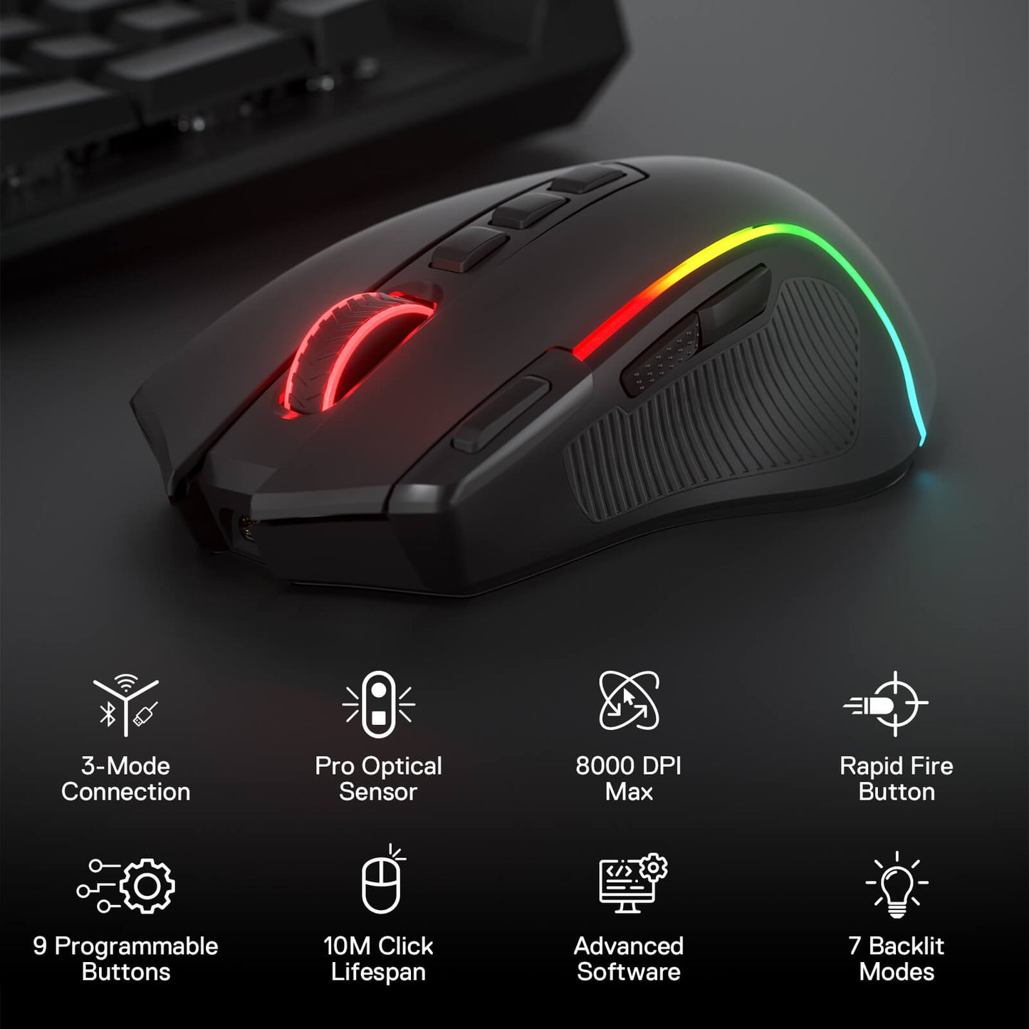 Redragon EU M612 PRO RGB Gaming Mouse, 8000 DPI Wired/Wireless Optical Gamer Mouse with 7 Programmable Buttons & 7 Backlit Modes, BT & 2.4G Wireless, Software Supports DIY Keybinds Rapid Fire Button