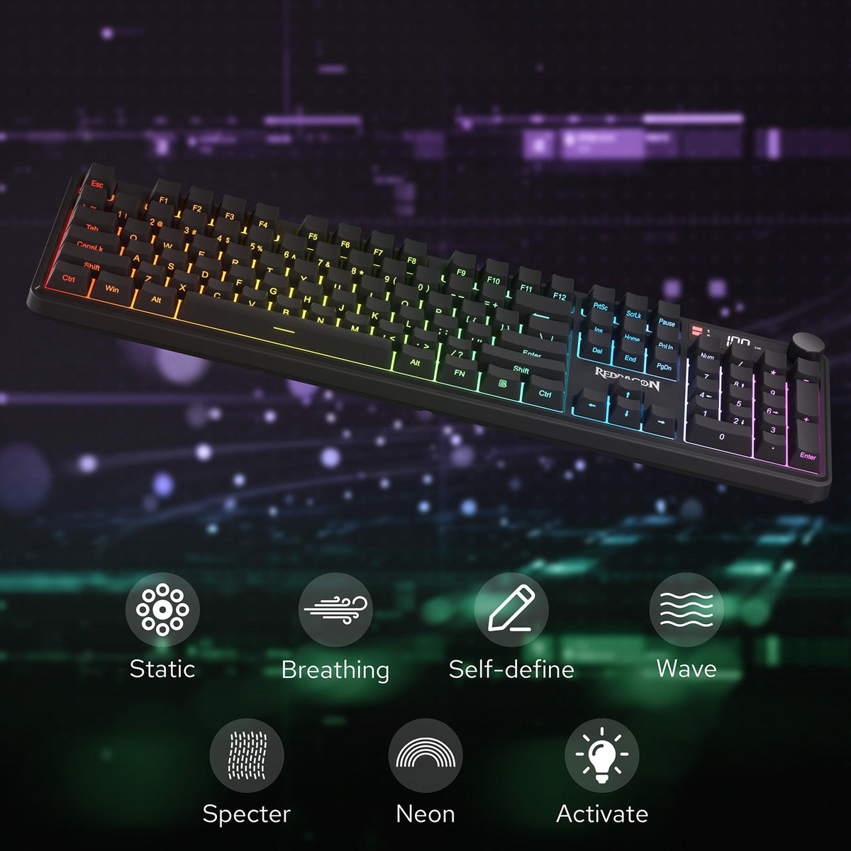 Redragon EU K526 PRO RGB Wireless Membrane Gaming Keyboard, 104 Keys Mechanical-Feel Keyboard w/LED Info Display, Media/Backlit Knob Control, Linear Switch & Software Supported (Side Printed Font) 