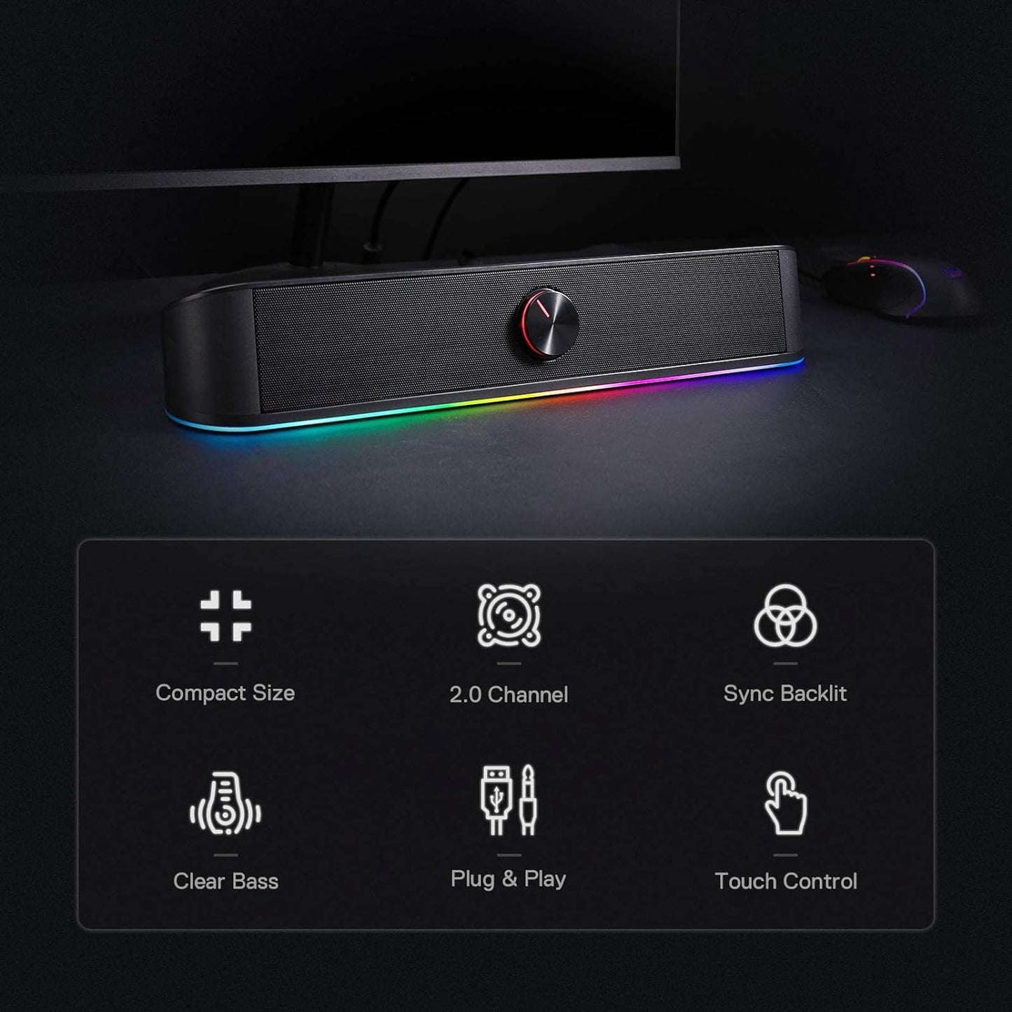 redragon EU GS560 RGB Desktop Soundbar, 2.0 Channel Computer Speaker with Dynamic Lighting Bar Audio-Light Sync/Display, Touch-Control Backlit with Volume Knob, USB Powered w/ 3.5mm Cable, Black