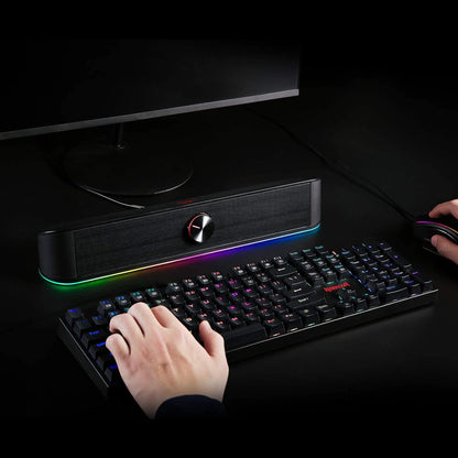 redragon EU GS560 RGB Desktop Soundbar, 2.0 Channel Computer Speaker with Dynamic Lighting Bar Audio-Light Sync/Display, Touch-Control Backlit with Volume Knob, USB Powered w/ 3.5mm Cable, Black