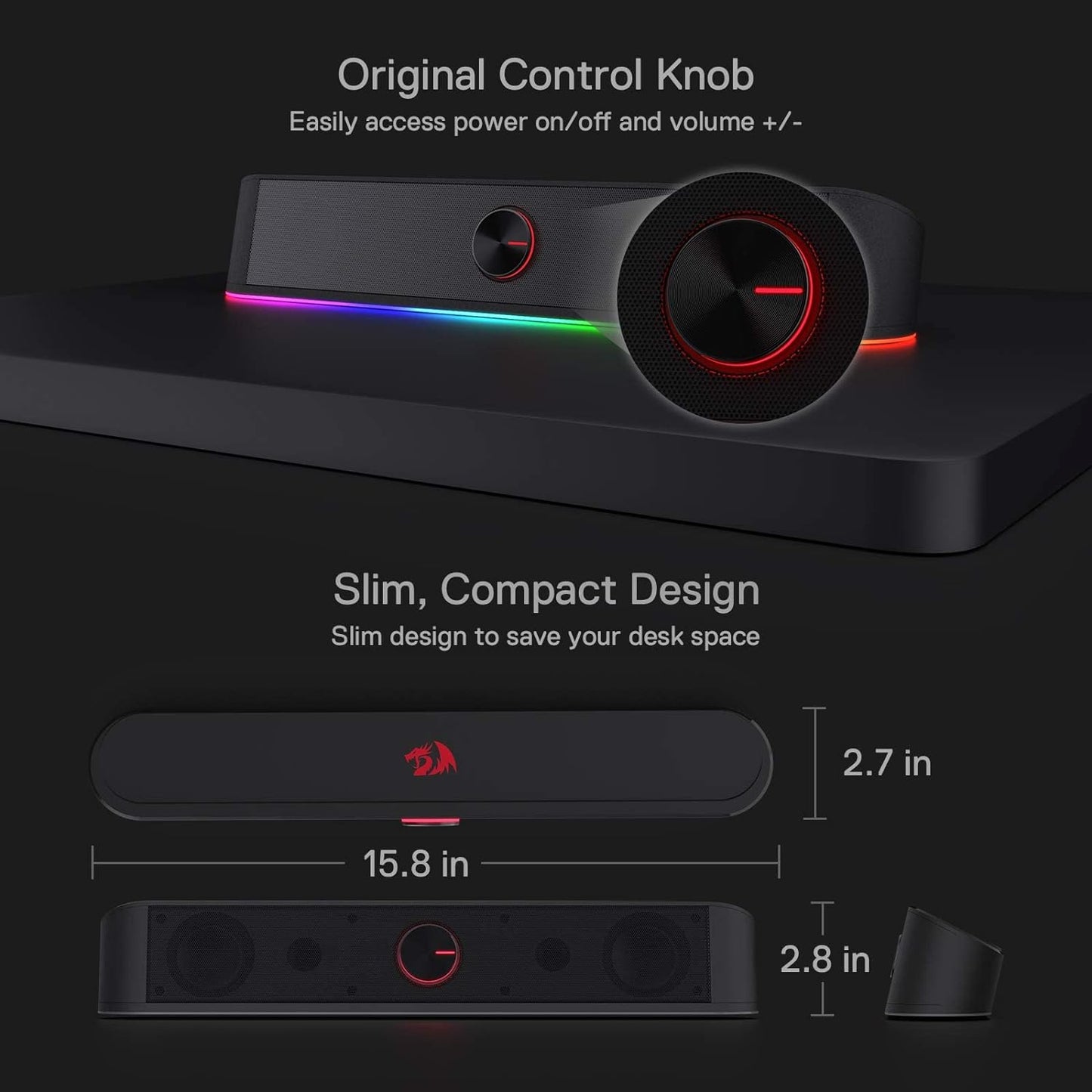 redragon EU GS560 RGB Desktop Soundbar, 2.0 Channel Computer Speaker with Dynamic Lighting Bar Audio-Light Sync/Display, Touch-Control Backlit with Volume Knob, USB Powered w/ 3.5mm Cable, Black
