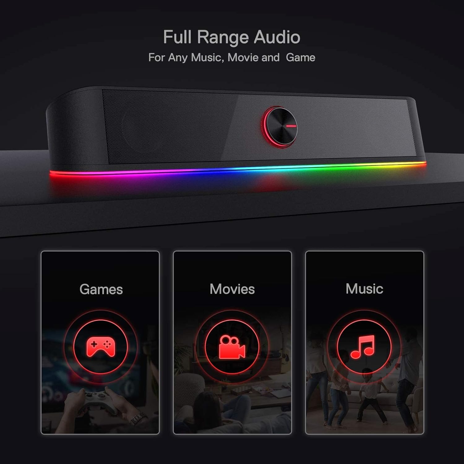 redragon EU GS560 RGB Desktop Soundbar, 2.0 Channel Computer Speaker with Dynamic Lighting Bar Audio-Light Sync/Display, Touch-Control Backlit with Volume Knob, USB Powered w/ 3.5mm Cable, Black