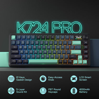 Redragon K724 PRO Wireless Gasket Gaming Keyboard w/Hype Screen & Knob, 81-Key Mechanical Keyboard, Easy-Control 1.14’’ TFT Info Display, 5-Layer Noise Dampening, Custom Linear Switch, Blue and Black