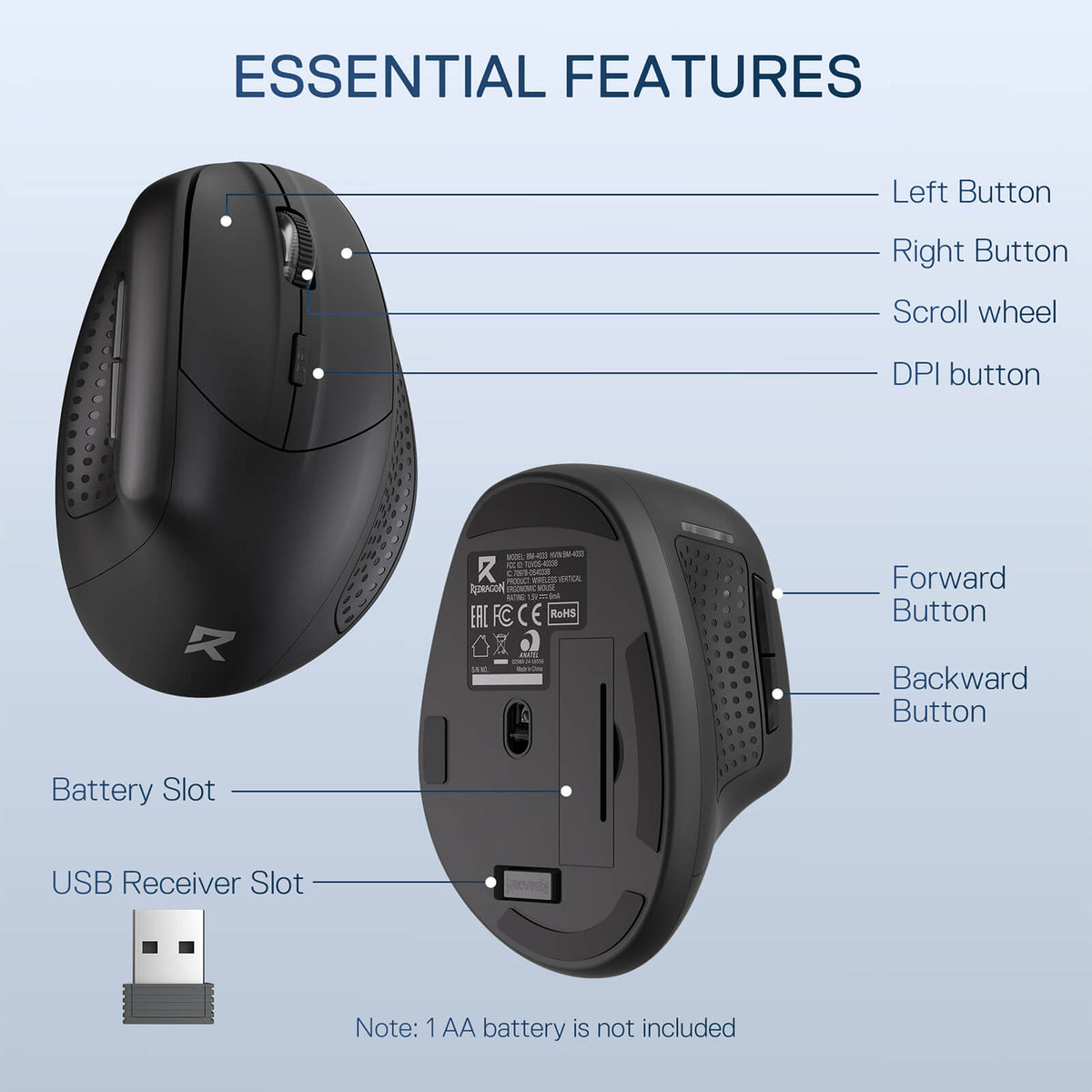 Redragon EU BM-4033 Wireless Vertical Ergonomic Mouse, 2.4GHz Connection, 5 Levels Up to 4000 DPI, Auto Power Saving Mice for Laptop, Desktop, PC, Black