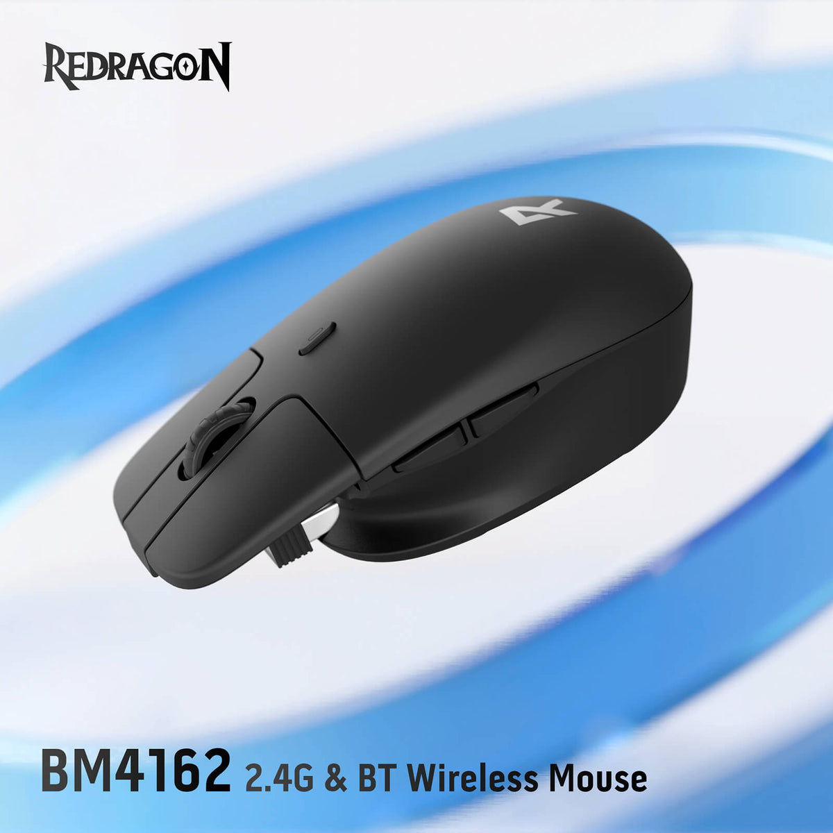 The Redragon EU BM4162 2.4G & BT wireless mouse is showcased, highlighting its sleek black design and dual wireless connectivity.