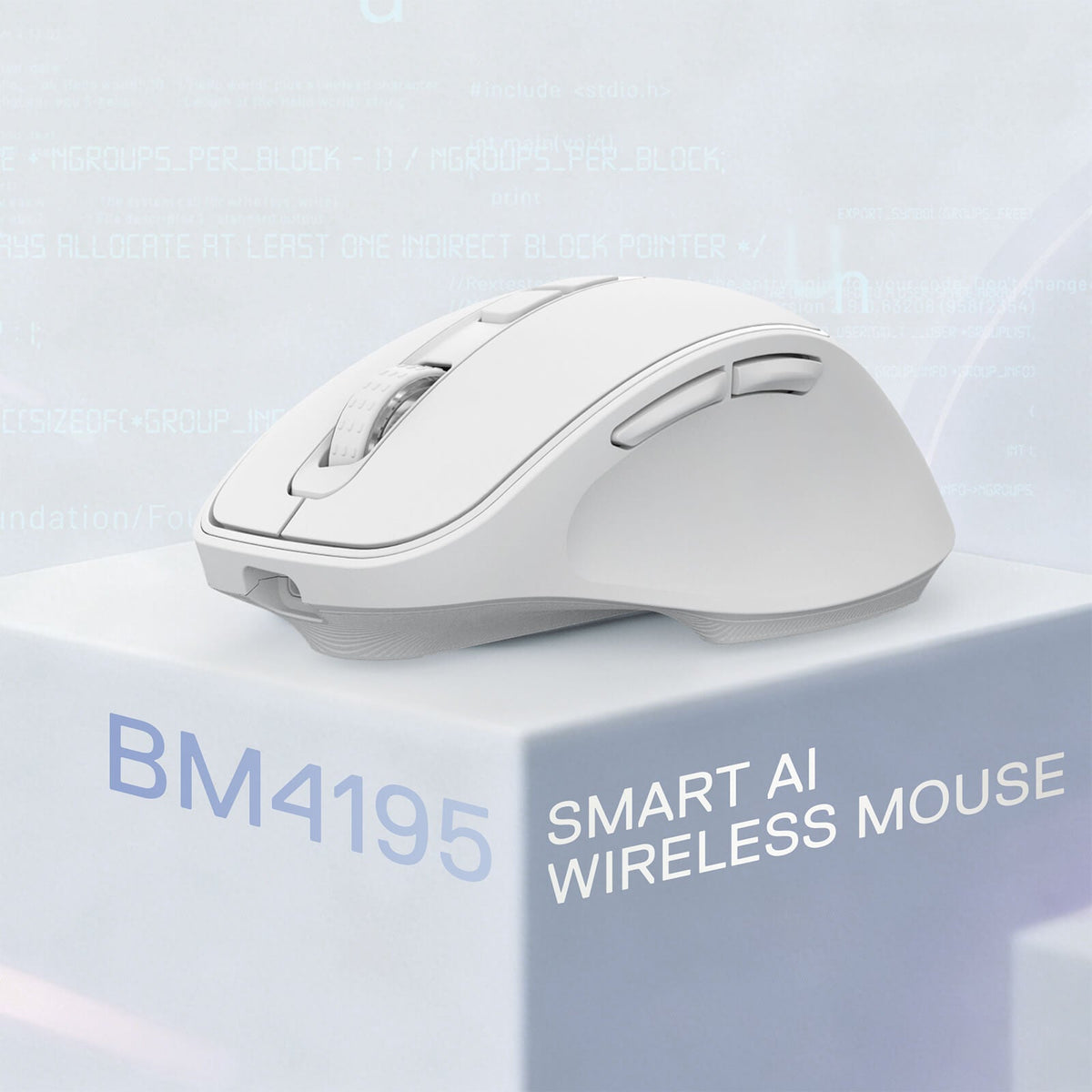 Redragon EU White smart AI wireless mouse on a light blue background with 'BM4195' branding.