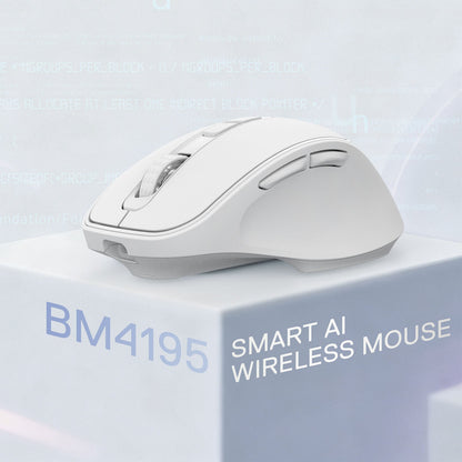 Redragon EU White smart AI wireless mouse on a light blue background with 'BM4195' branding.